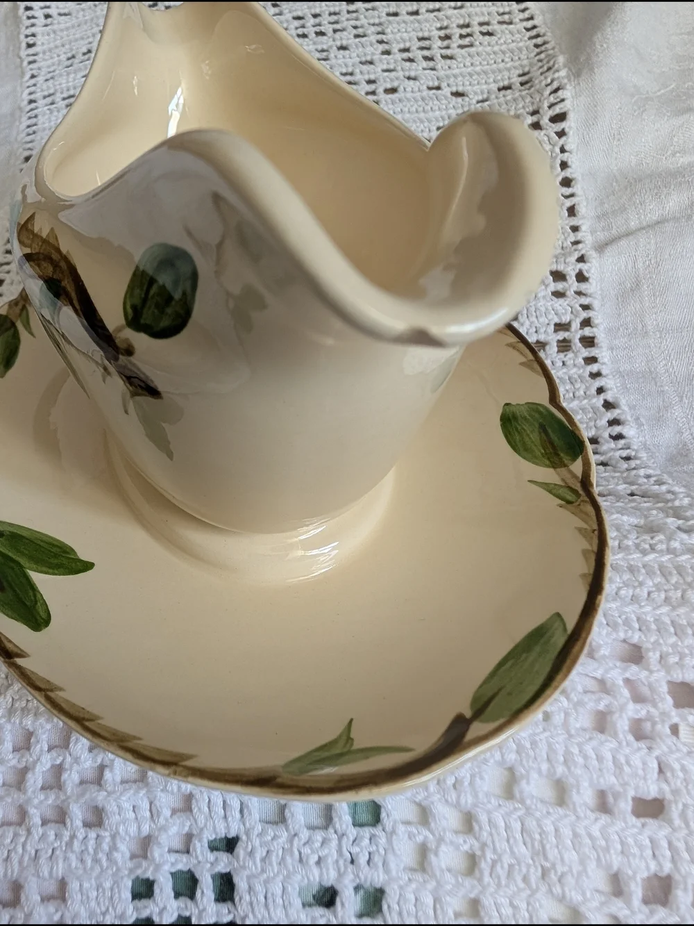 Franciscan Cream Ceramic Gravy Boat with Pink Floral and Green Leaves